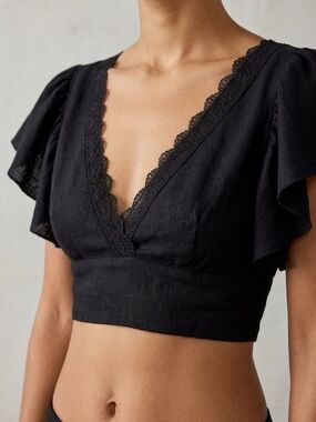 Love Tree Black Linen Flutter Sleeve Smocked Crop Top Lace Trim NWT | Size M
